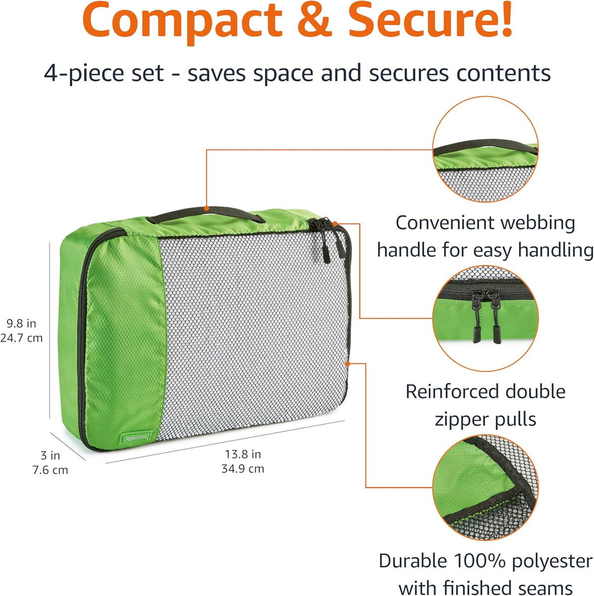 Amazon Basics Medium Packing Cubes for Travel, Packing Organizers, 4-Piece-Set With Double Zipper Pulls and Mesh Top Panel, 100% Durable Polyester, Green, 13.8"L x 9.8"W x 3"H - Roamly