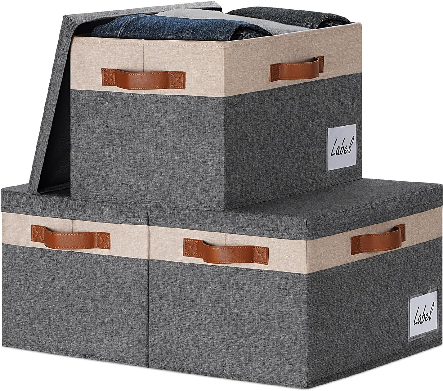GhvyenntteS Fabric Storage Bins with Lids 3 Pack, Large Fabric Storage Baskets with Lid and Handles, Foldable Closet Organizers and Storage boxes with Label Window for Home (Beige, 15" x 11" x 9.7")