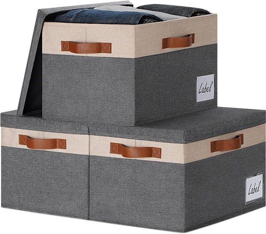 GhvyenntteS Fabric Storage Bins with Lids 3 Pack, Large Fabric Storage Baskets with Lid and Handles, Foldable Closet Organizers and Storage boxes with Label Window for Home (Beige, 15" x 11" x 9.7")