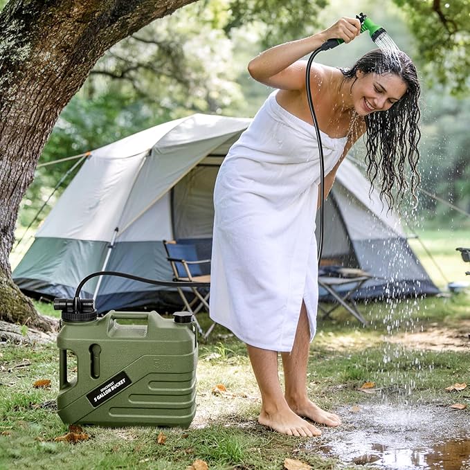 SPACEREST Integrated Camping Shower – Spill Resistant, Electric Portable Shower for Camping with 5 Gallon Food-Grade Water Jug, Easy to Store for Hiking, Beach, 7-Mode Shower Head, IPX7 Waterproof