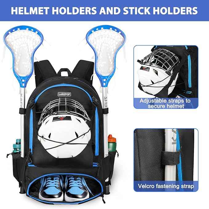 LARIPOP Lacrosse Bag Extra Large Backpack with Stick Holders & Helmet Compartment for Men Women Youth