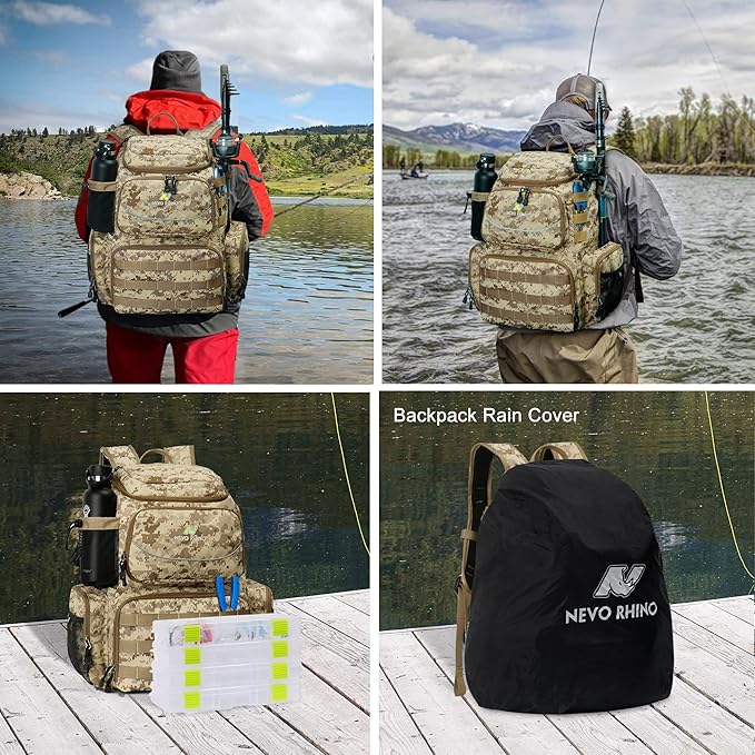 N NEVO RHINO Fishing Tackle Backpack with Rod Holders, 40L Large Fishing Bag with Waterproof Rain Cover,Outdoor Tackle Bag