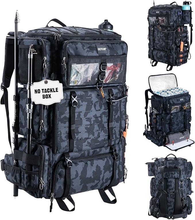 Goture Fishing Backpack with Cooler,72L Large 600D Tackle Backpack with Rod Holders,Dry & Wet Split Compartment,Adjustable Main Compartment,Rain Cover,Insulated Tactical Bag for Travel Camping Hiking