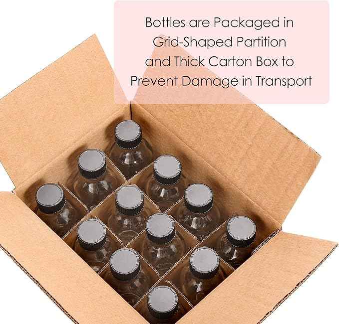 12 Pack, 2 oz Small Clear Glass Bottles w/Lid & 3 Funnels - 60ml Boston Shot Bottles for Health, Immunity, Potion, Wellness, Sample, Ginger, Juice - Mini Personal Care & Beauty Travel Bottle
