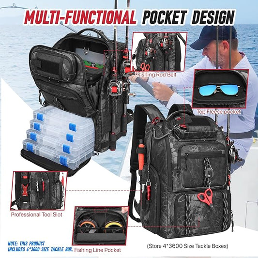 Fishing Tackle Backpack,Tackle Bag with 2 Rod Holders,Water-Resistant Large Storage Fishing Gear and Equipment (B-Black Camo with 4 Tackle Boxes)