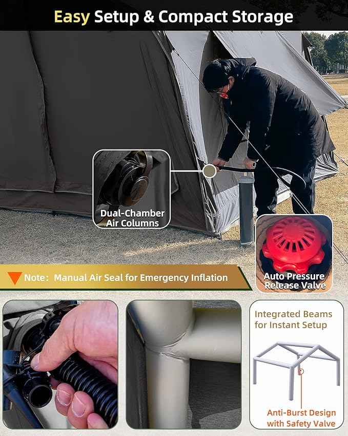 Cotton Inflatable Camping Tent, 2-4 Person, Windproof Glamping Design with Skylight, Instant Setup (2~4person(10.2'L X 8'W X 7'H)-Green)
