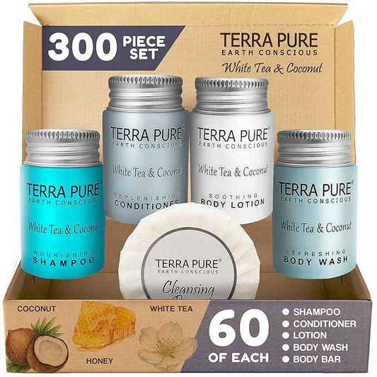 Terra Pure White Tea & Coconut Toiletries Set | 1-Shoppe Amenities Kit | 1oz Shampoo & Conditioner, Body Wash, Lotion, 1.25oz Bar Soap | Travel Size | 300 Pieces