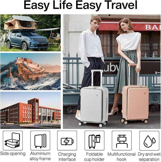 mixi Large Checked Luggage with Cup Phone Holder and Charger Hard Shell Suitcases with Spinner Wheels, 24 Inch Light Pink