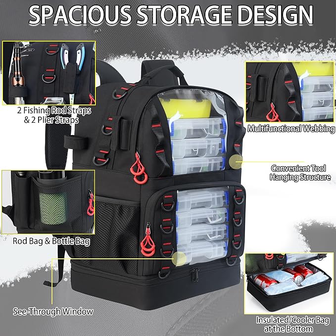 Fishing Tackle Backpack with 4 Tackle Boxes,45L Large Tackle Bag with 2 Rod Holders & Clear Window,Outdoor Fishing Backpack for Camping,Hiking,Black