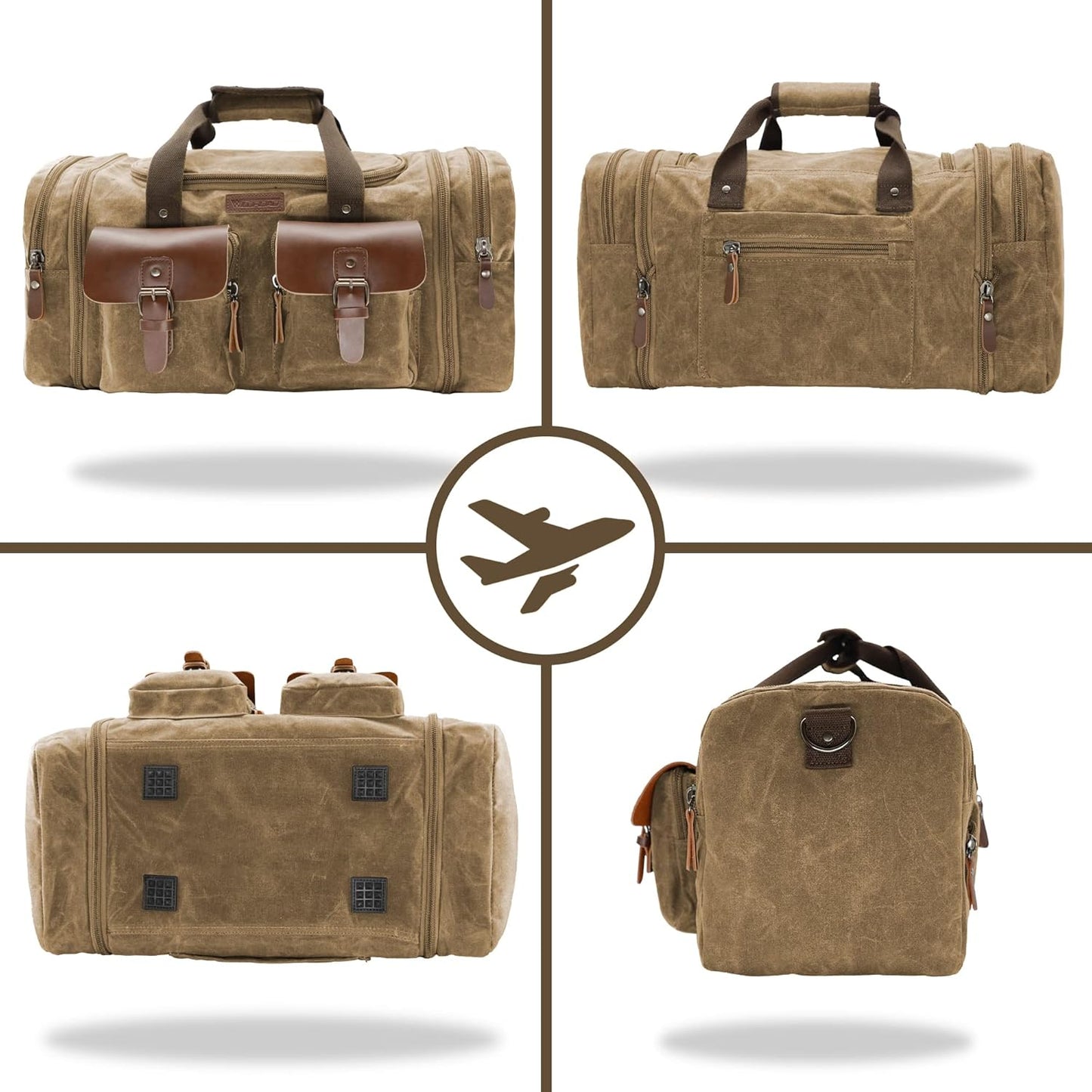Wildroad Waxed Canvas Genuine Leather 50L Waterproof Duffle Bag - Vintage Travel Weekender Overnight Carry On - Roamly