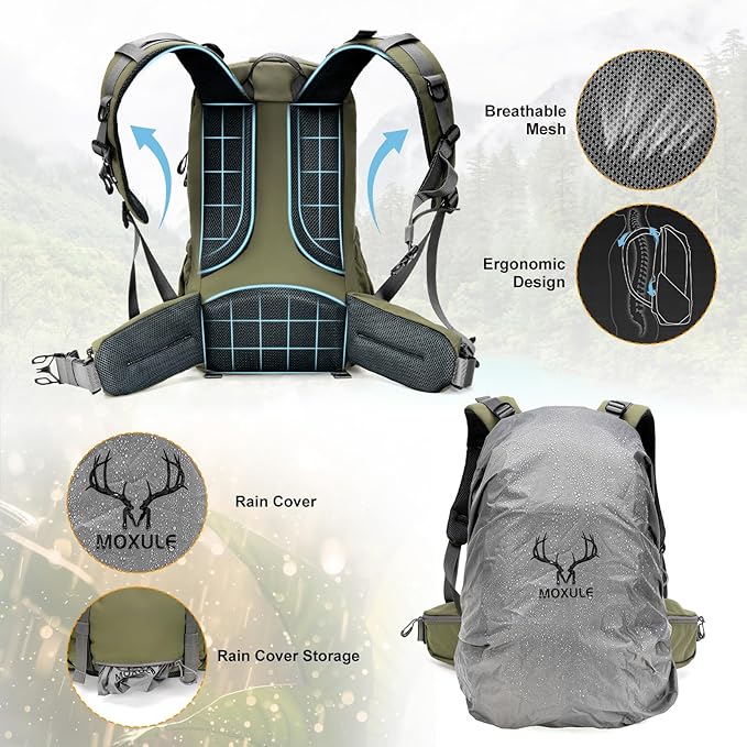 MOXULE Hunting Backpack Waterproof Pack: 25L Hunting Gear with Rain Cover,Hunting Day Pack with Rifle Bow Gun Holder (Green)