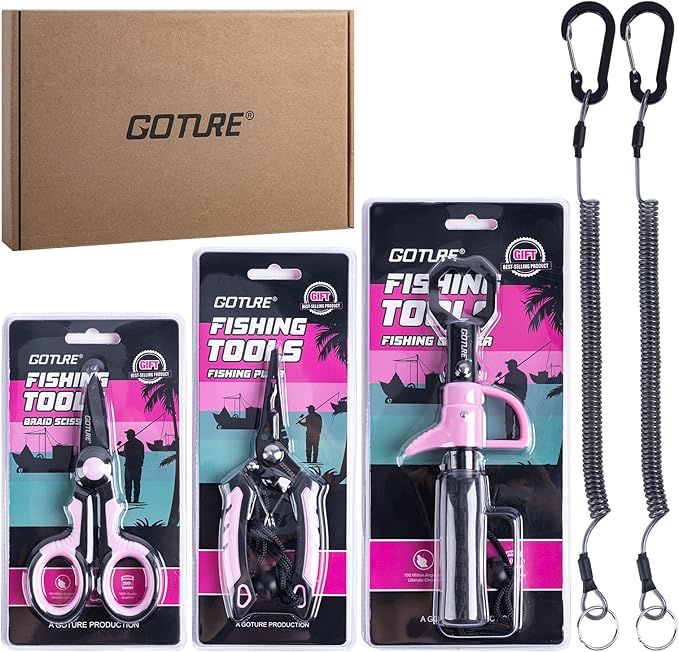 Goture Fishing Tool Kit,Fishing Pliers,Fillet Knife with Sheath,Fish Lip Gripper,Fish Hook Remover,Lanyard,Line Scissors,Sharpener,Stainless Steel Soap,Saltwater Gear Kit,Red/Pink,Gifts for Men/Women