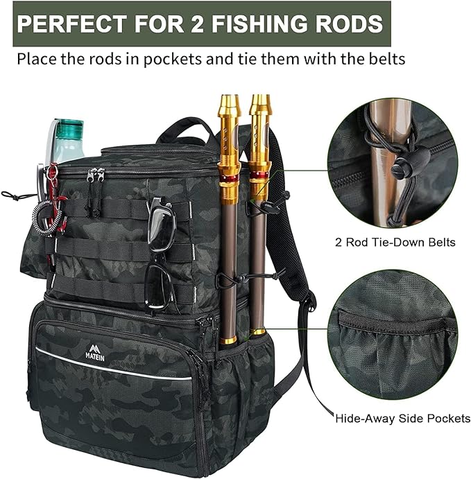 MATEIN Fishing Backpack, Water Resistant Tackle Storage Bag with Rod Holders & Cooler, Fishing Gifts for Men