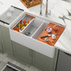 Dcolora 33 Inch White Farmhouse Sink Double Bowl 50/50 Workstation Country Farm Barn Kitchen Sink Flat Apron Front White Fireclay Ceramic Porcelain Sinks, 33x20x10, DC-A7767
