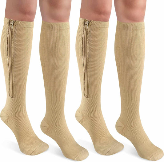 CASMON 2 Pairs Zipper Compression Socks for Women & Men,15-20 mmHg Closed Toe Knee High Support Sock for Varicose Vein Edema