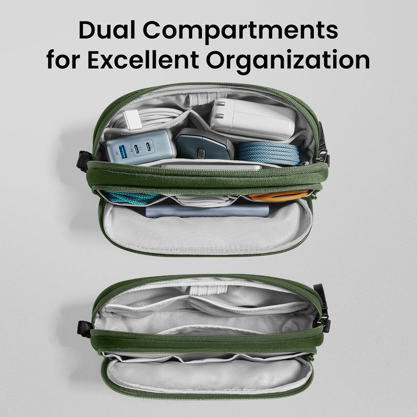 tomtoc Electronic Organizer Travel Case, Water Resistant Dual Compartment Tech Pouch Cable Organization Storage Bag for Charger, Cord, Phone, Hard Drive, Power Bank, Accessories Travel Essentials - Roamly