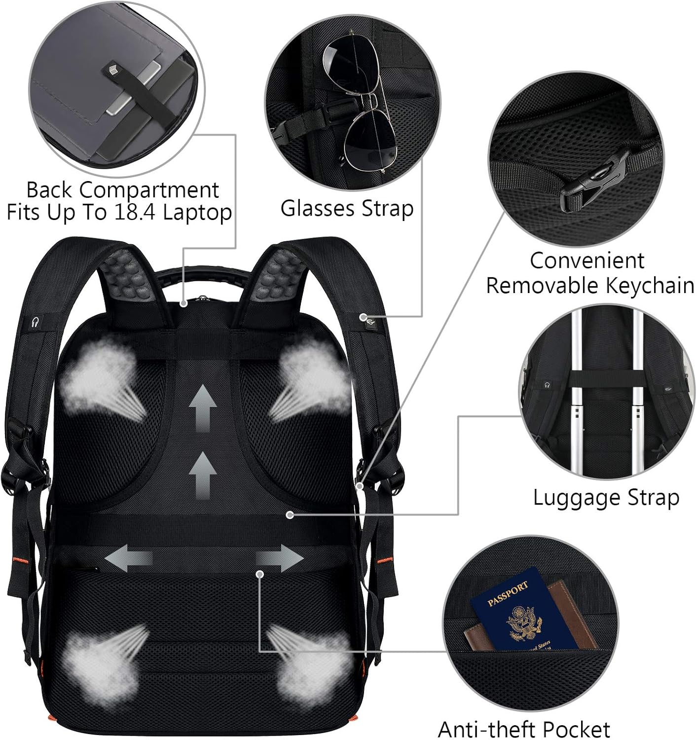 VECKUSON 18.4 Laptop Backpack for Men, 55L Extra Large Gaming Laptops Backpack with USB Charger Port,TSA Friendly Flight Approved and RFID Anti-Theft Pocket - Roamly