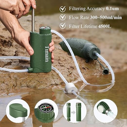 Timain Outdoor Portable Water Filter Pump,Water Filtration Systems,Perfect for Travel,Camping, Hiking,Fishing,Hunting,Emergency Preparedness (4500, Liters)
