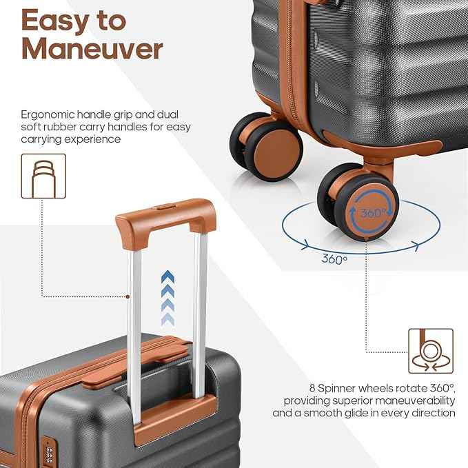 UKEIN Luggage Sets 3 Piece, PC Hardside Large Luggage 24 Inch With Spinner Wheels with TSA Lock, Carry On Suitcase Set With Travel Backpack (Grey, 3 piece set (24inch))