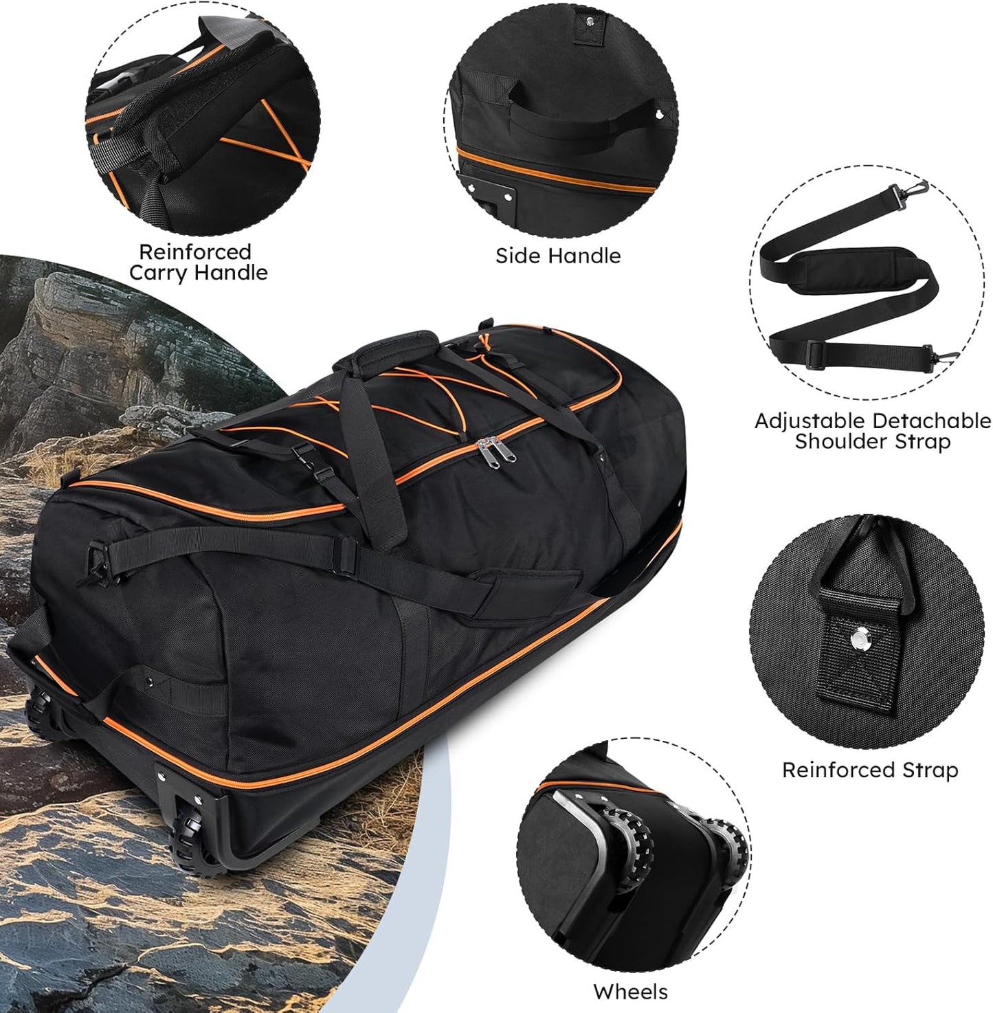 110L Expandable to 140L 32” Foldable Oxford Soft-Sided Rolling Duffle Bag with 2 Heavy-Duty Wheels,3 Large Compartments,Adjustable Shoulder Strap and Attached Organizer Pouch,Black Orange - Roamly
