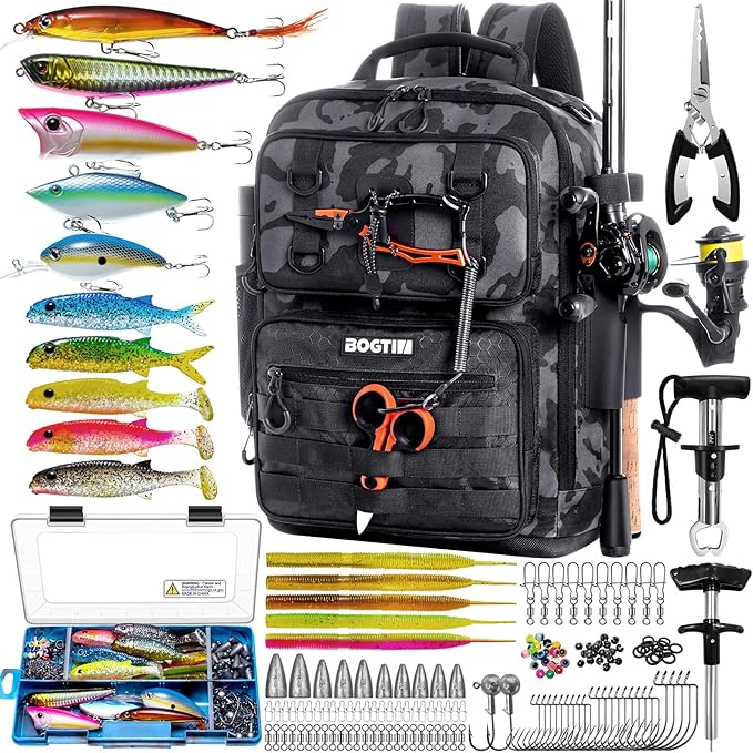 Fishing Backpack with Tackle Boxes and Rod Holders, Fishing Bag wtih Fishing Lure Kit Water-resistant Sling Tackle Bag Store Gear and Equipment, Bait Gifts for Men Woman Anglers-Camo Backpack