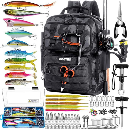 Fishing Backpack with Tackle Boxes and Rod Holders, Fishing Bag wtih Fishing Lure Kit Water-resistant Sling Tackle Bag Store Gear and Equipment, Bait Gifts for Men Woman Anglers-Camo Backpack