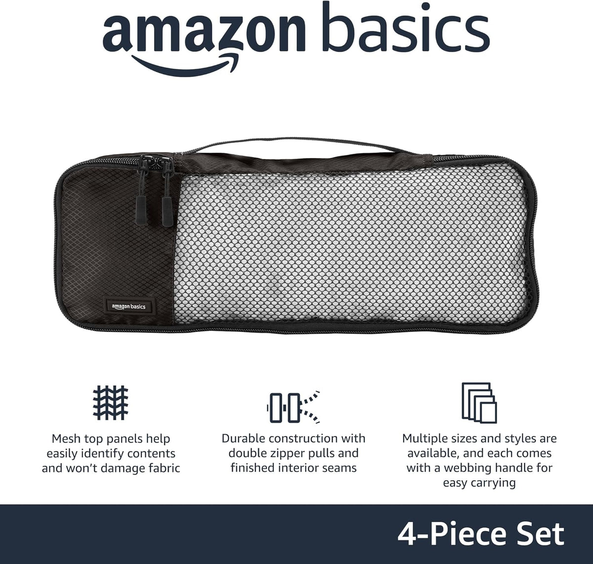 Amazon Basics Slim Packing Cubes for Travel, Packing Organizers, 4-Piece-Set With Double Zipper Pulls and Mesh Top Panel, 100% Durable Polyester, Black, 14"L x 5"W x 3"H - Roamly