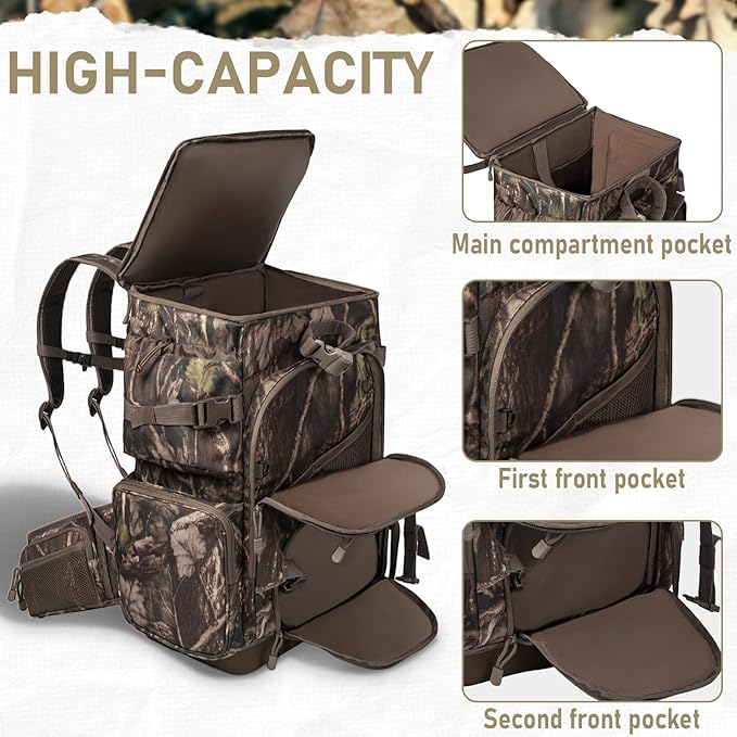 Hunting Backpack with Waterproof Rain Cover, Self Standing Hard Bottom, 50L Camo Hunting Day Pack for Bow Rifle Gun