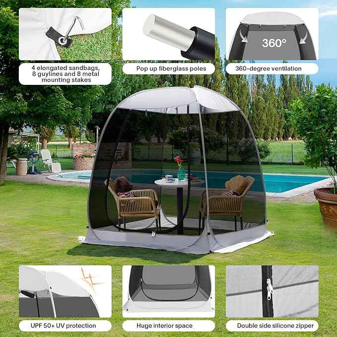 Alvantor Pop Up Screen House Gazebo with Mosquito Netting, Instant UV Resistant Sun Shelter for Patio & Backyard, Portable Canopy Tent for 2-10 Person