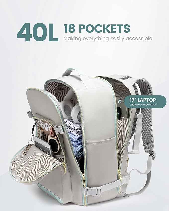 LOVEVOOK Travel Backpack for Women & Men 40L,Airline Approved Carry On Backpack Travel Essentials,TSA Carry on Luggage,Waterproof Personal Item Travel Bag,Suitcase with 3 Cubes,Light grey-Mint green