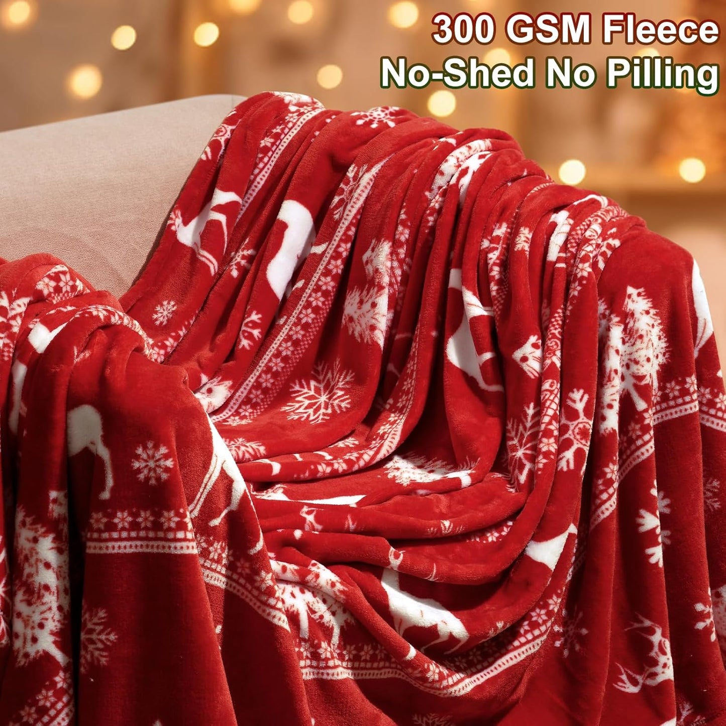PHF Printed Fleece Blanket King Size, No Shed No Pilling Ultra Soft Plush Cozy Xmas Prints Theme Home Décor Flannel Blanket for Bed, Sofa, Couch and Gift, 108" x 90", Reindeer and Trees, Red