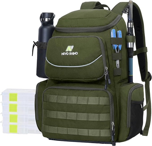 N NEVO RHINO Fishing Tackle Backpack with Rod Holders, 40L Large Fishing Bag with Waterproof Rain Cover,Outdoor Tackle Bag