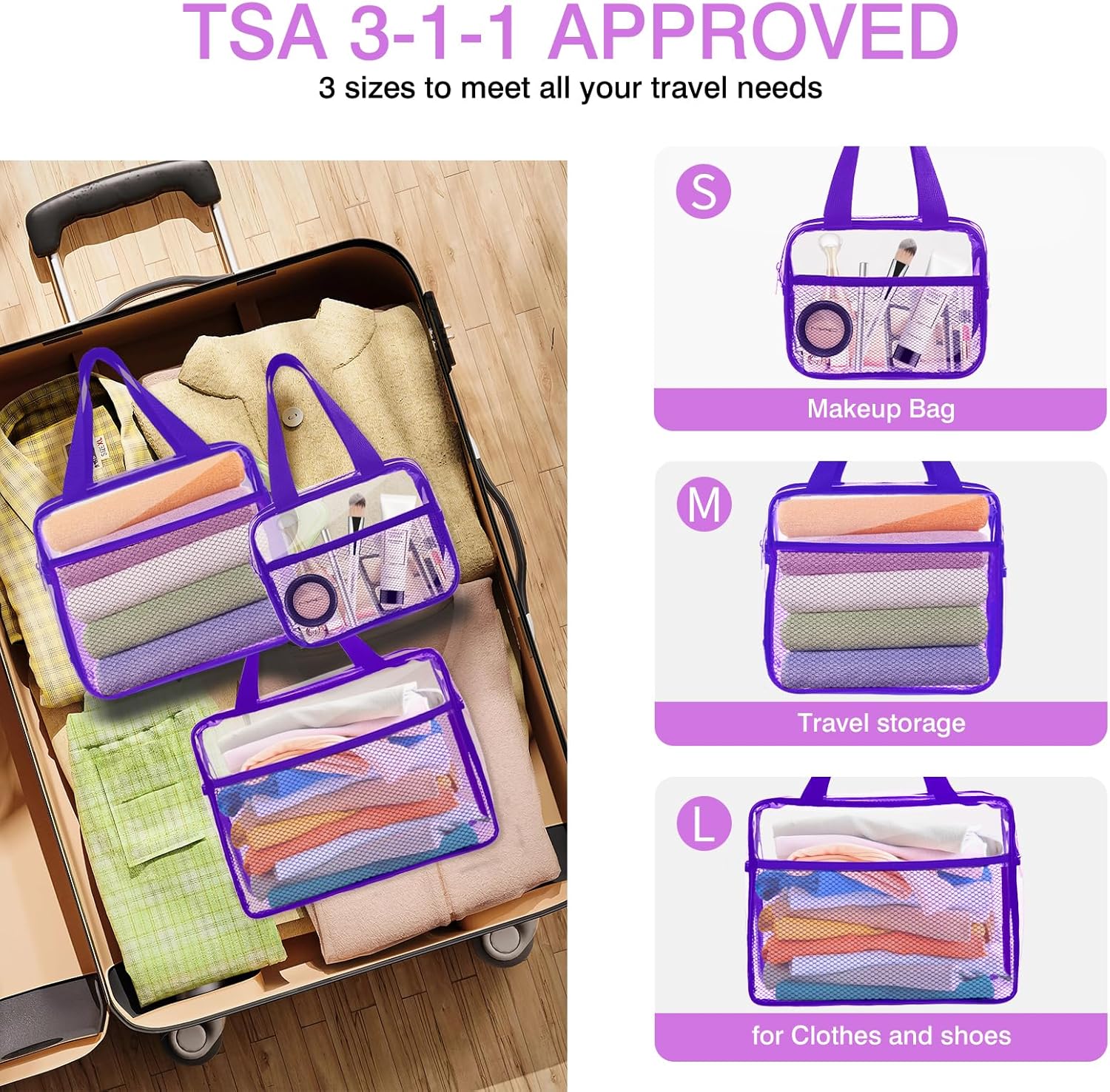 XEWEA Clear Travel Toiletry Bags, 3 Pack TSA Approved Transparent Makeup Bag for Men Women, Large Waterproof PVC Quart Organizer with Zipper for Toiletries Airline Essential,Toy Storage Pouch Purple - Roamly