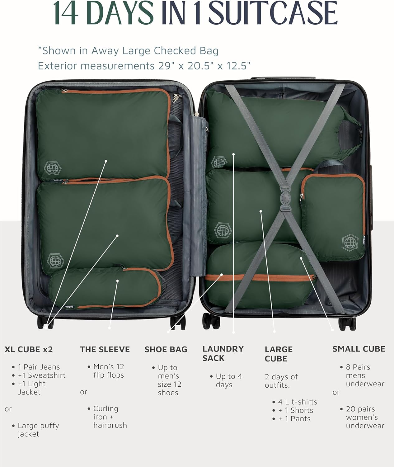 Large Compression Packing Cubes for Travel-Packing Cube Luggage Organizers 7 Piece Set for Checked Luggage-Ultralight, Expandable/Compression Bags by TRIPPED Travel Gear (Green and Brown) - Roamly
