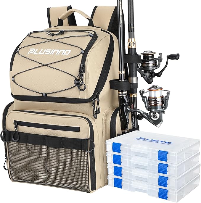PLUSINNO Cooler Fishing Backpack with Rod Holders 45L Large Water-resistant Fishing Tackle bag Store Fishing Gear Fishing Gifts for Men Father, Sport Bags