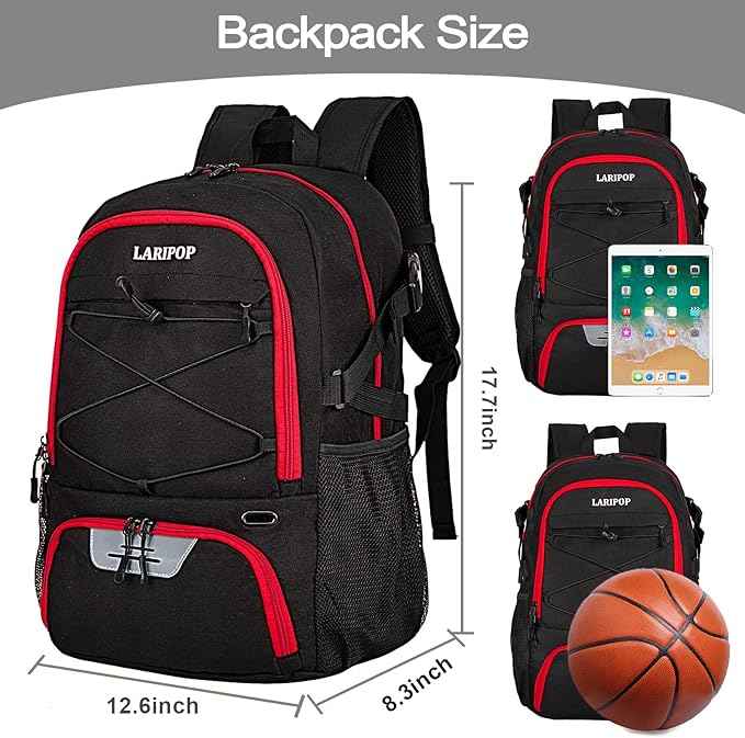 LARIPOP Basketball Bag, Sports Backpack with Ball Holder & Shoe Compartment, Water Resistant Gym Bag for Soccer Volleyball Travel