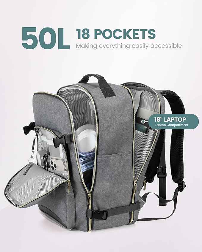 LOVEVOOK Travel Backpack for Women & Men 50L,Airline Approved Carry On Backpack Travel Essentials,TSA Carry on Luggage,Waterproof Personal Item Travel Bag,Suitcase with 3 Packing Cubes,Gray-Black