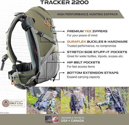 Hunting Backpack with Rifle Gun & Bow Holder Hunting Daypack compatible with YKK Zippers & Buckles, Waterproof Lightweight Tactical Backpack with Rain Cover, Durable, Comfort