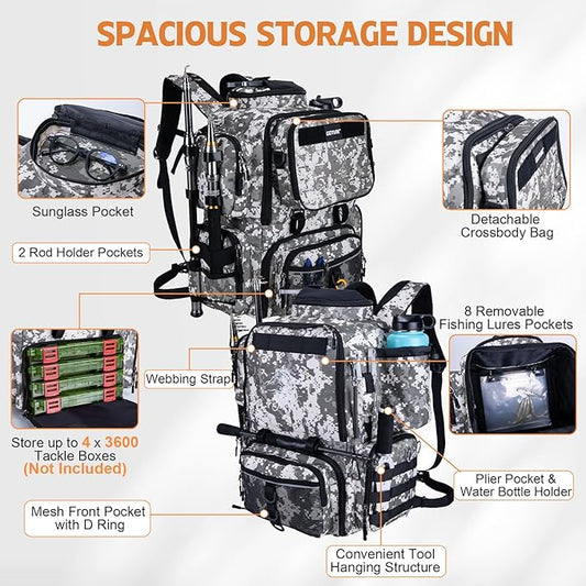 Goture Fishing Backpack, 900D Water-Resistant Tackle Backpack with Rod Holders, 58L Large Storage Gear Fishing Tackle Bag with Detachable Crossbody Bag,8 Lure Pockets,Bottle Holder for Camping Hiking