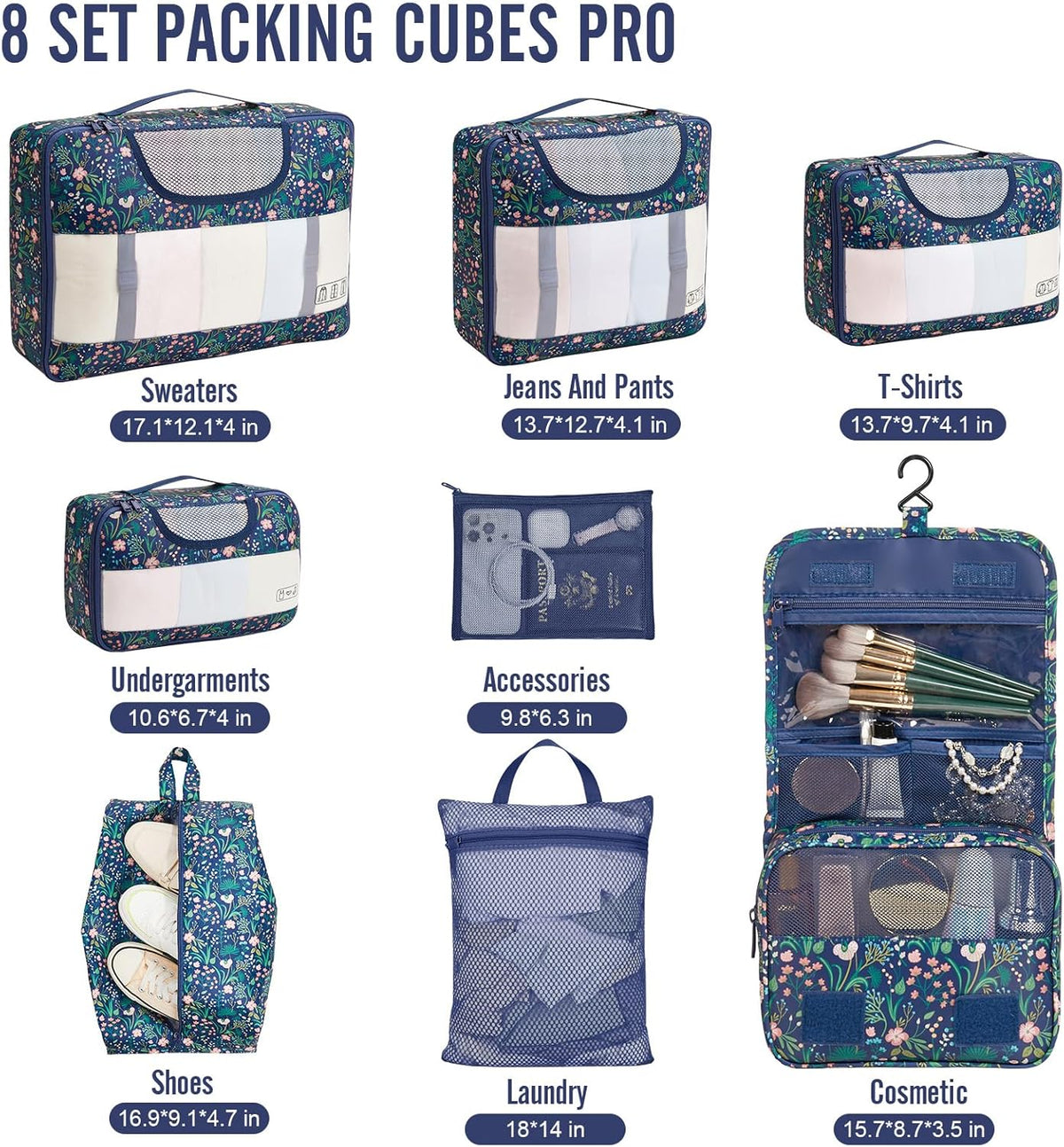 Veken 8 Set Packing Cubes for Travel Essentials, Suitcase Organizer Bags in 4 Sizes, Carry-On Luggage Accessories with Large Laundry & Hanging Toiletry Bag, Must-Have for Airplane, Road Trip & Camping - Roamly