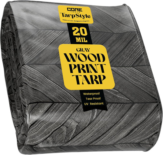 Core Tarps Extreme Heavy Duty 20 Mil Tarp Cover, Waterproof, UV Resistant, Rip and Tear Proof, Poly Tarpaulin with Reinforced Edges for Roof, Camping, Patio, Pool, Boat (Grey Wood/Black 20′ X 20′)