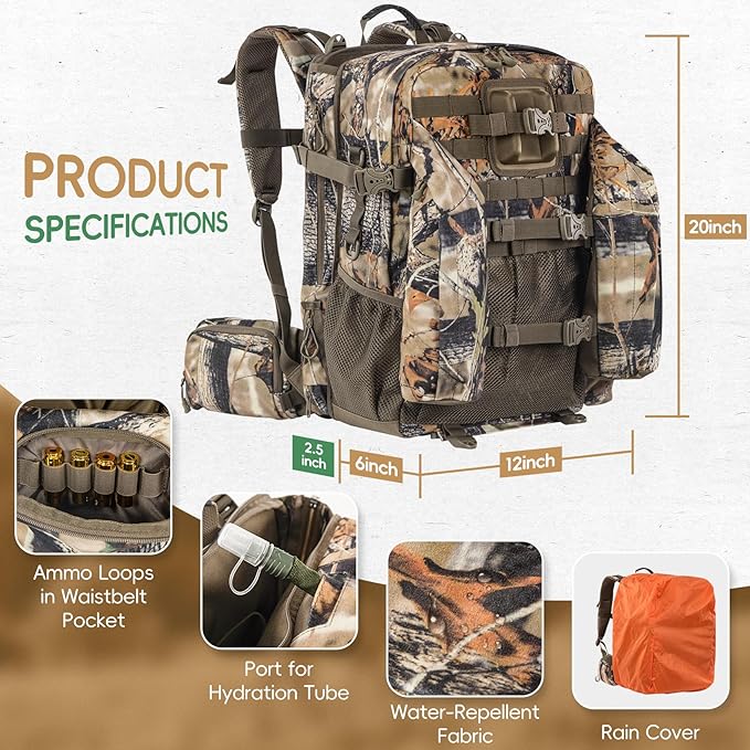BLISSWILL Upgraded Hunting Backpack,With Padded Weapon Compartment for Bow Rifle，For Deer and Elk Hunting，Hunting bag with Rain Cover(Forest Floor)