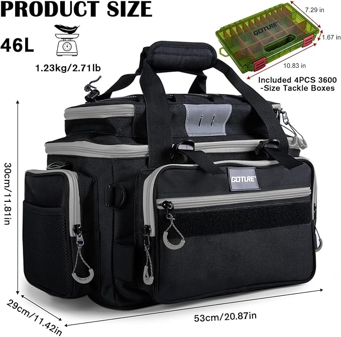 Goture Fishing Tackle Bag with 4pcs 3600 Tackle Boxes, 600D Water-Resistant Soft Side Saltwater Gear Storage Fishing Bag with Rod Straps, Detachable Water Bottle Pouch, Waterproof Bottom, SBS Zippers