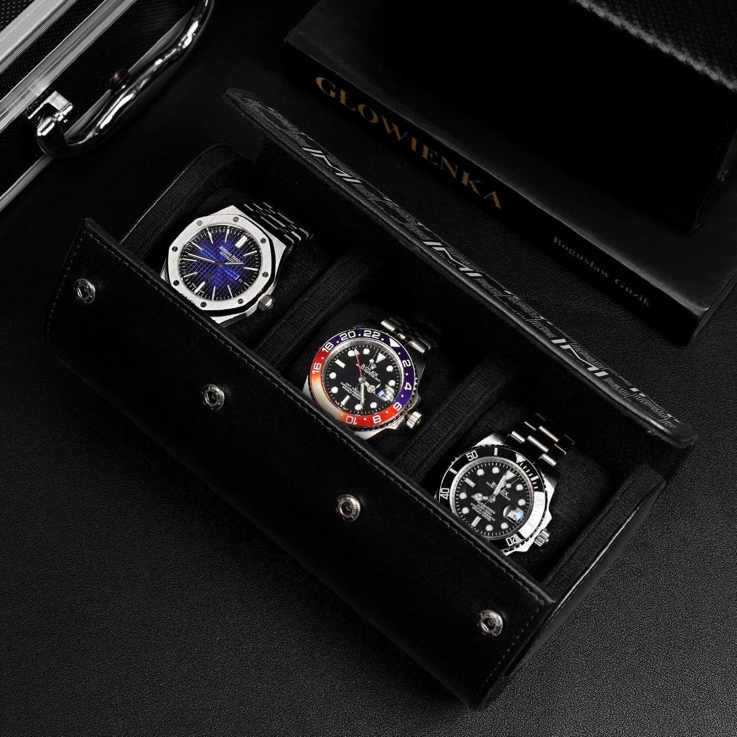 MOZSLY Watch Roll Travel Case 3 Slots Portable Watches Box Organizer Storage Holder Pattern PU Leather