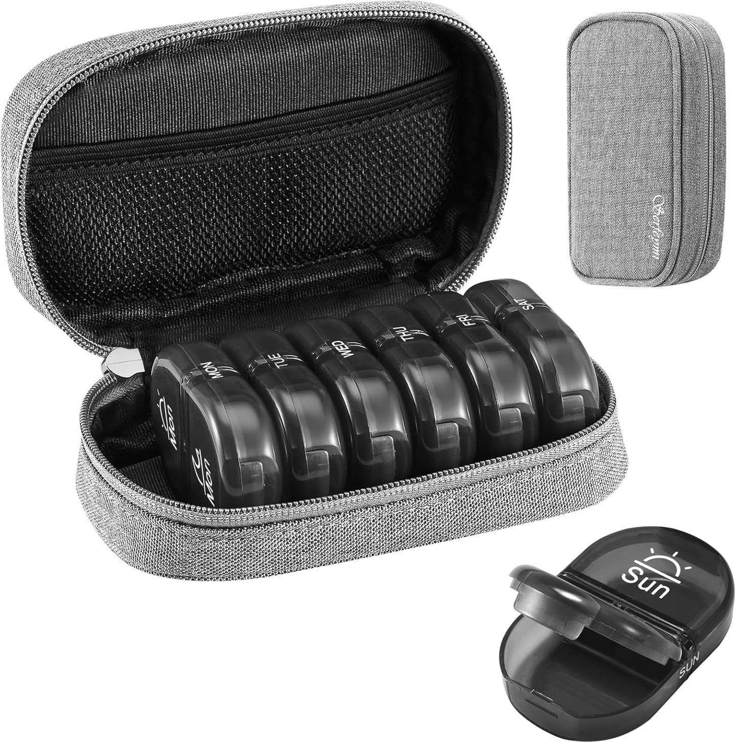 Serfeymi Weekly Travel Pill Organizer 2 Times A Day AM PM Upgraded Black Pill Box 7 Day with Portable Zipper Canvas Pill Case, Medicine Organizer for Pills, Vitamins, Supplements, Fish Oils - Grey 01