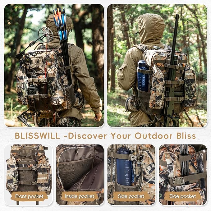 BLISSWILL Upgraded Hunting Backpack,With Padded Weapon Compartment for Bow Rifle，For Deer and Elk Hunting，Hunting bag with Rain Cover(Forest Floor)