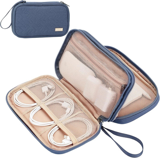 NISHEL Travel Cord Organizer Case, Double Layers Tech Electronic Bag, Essentials for Charger, Cable, Phone, Flash drive, Aegean-Blue