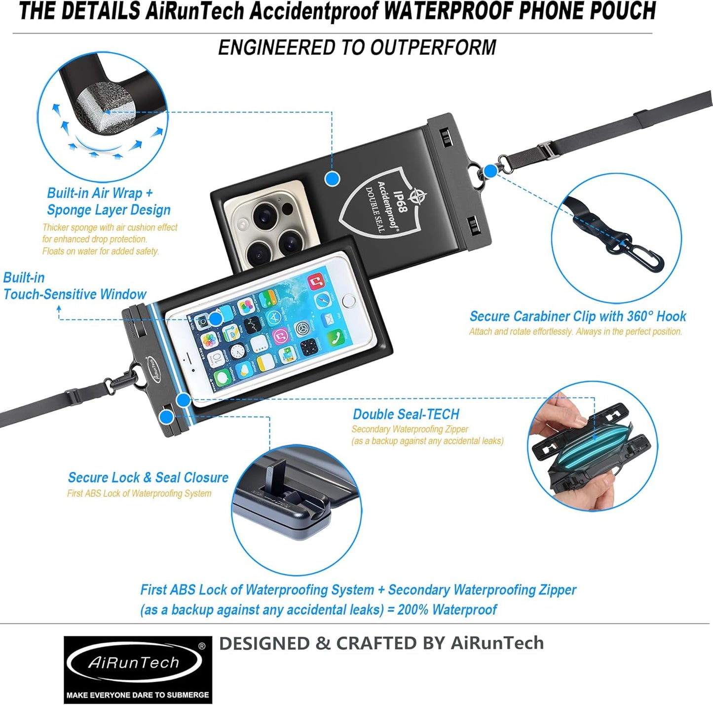AiRunTech Floating Waterproof Phone Pouch,Waterproof Phone Case with Lanyard Protector for iPhone 16 15 14 13 12 Pro Max,Waterproof Cellphone Bag Beach Cruise Ship Essentials Vacation Accessories