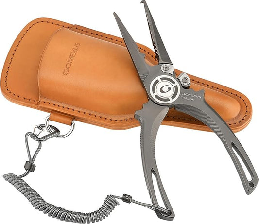 GOMEXUS Titanium Fishing Pliers 7.5'' with Side Cutters, Lanyard & Leather Sheath, Never Rust Hook Remover, Saltwater Resistant, Inshore & Nearshore Fishing (Split Ring Nose, 7.5 INCHES)