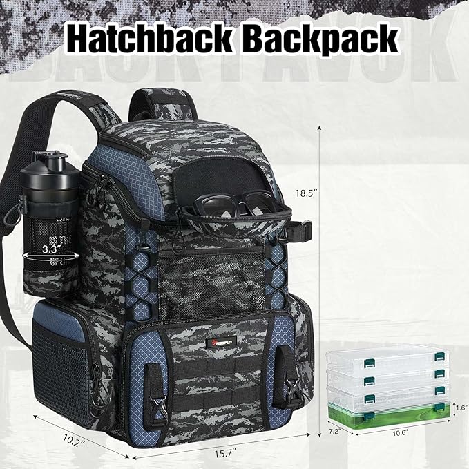Piscifun Fishing Tackle Backpack with Rod Holders & 4 Tackle Boxes, 42L Outdoor Fishing Bag with Waterproof Rain Cover